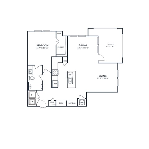 Floor plan for 1 bed, 1 bath, 1021 sqft